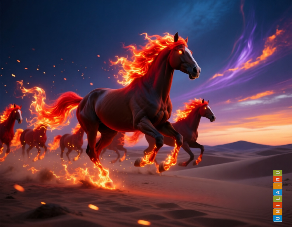 Табун огненных лошадей в движении. Иллюстрации сгенерированы нейросетью